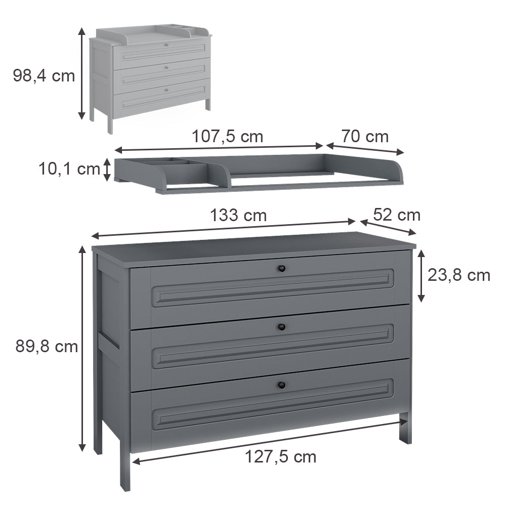 Vitalispa Fasciatoio Grigio 133 x 98.4 cm con 3 cassetti
