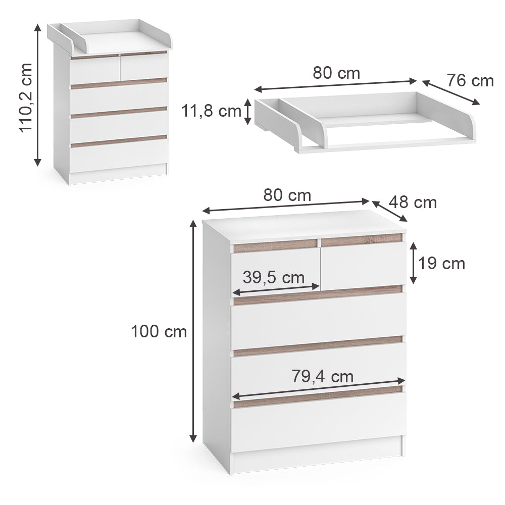 Vicco Fasciatoio Bianco/Sonoma 80 x 110.2 cm con 5 cassetti