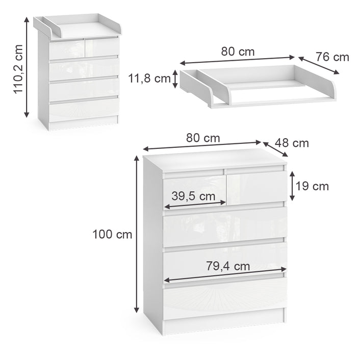 Vicco Fasciatoio Bianco 80 x 110.2 cm con 5 cassetti
