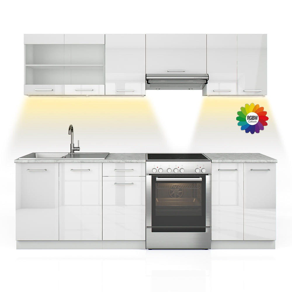 Vicco Mobile da cucina Bianco lucido 240 cm , PL Marmo con striscia LED