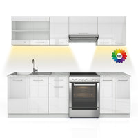 Vicco Mobile da cucina Bianco lucido 240 cm , PL Marmo con striscia LED