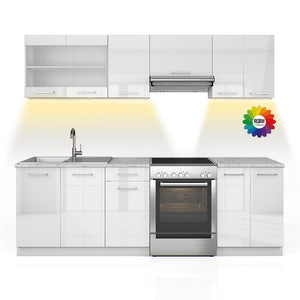 Vicco Mobile da cucina Bianco lucido 240 cm , PL Marmo con striscia LED