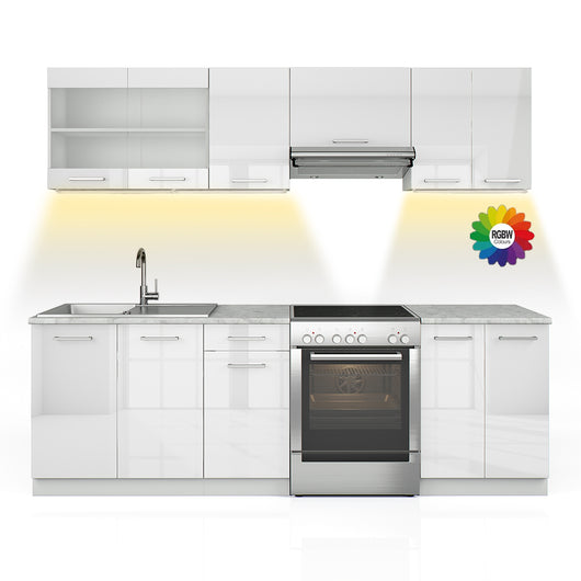 Vicco Mobile da cucina Bianco lucido 240 cm , PL Marmo con striscia LED
