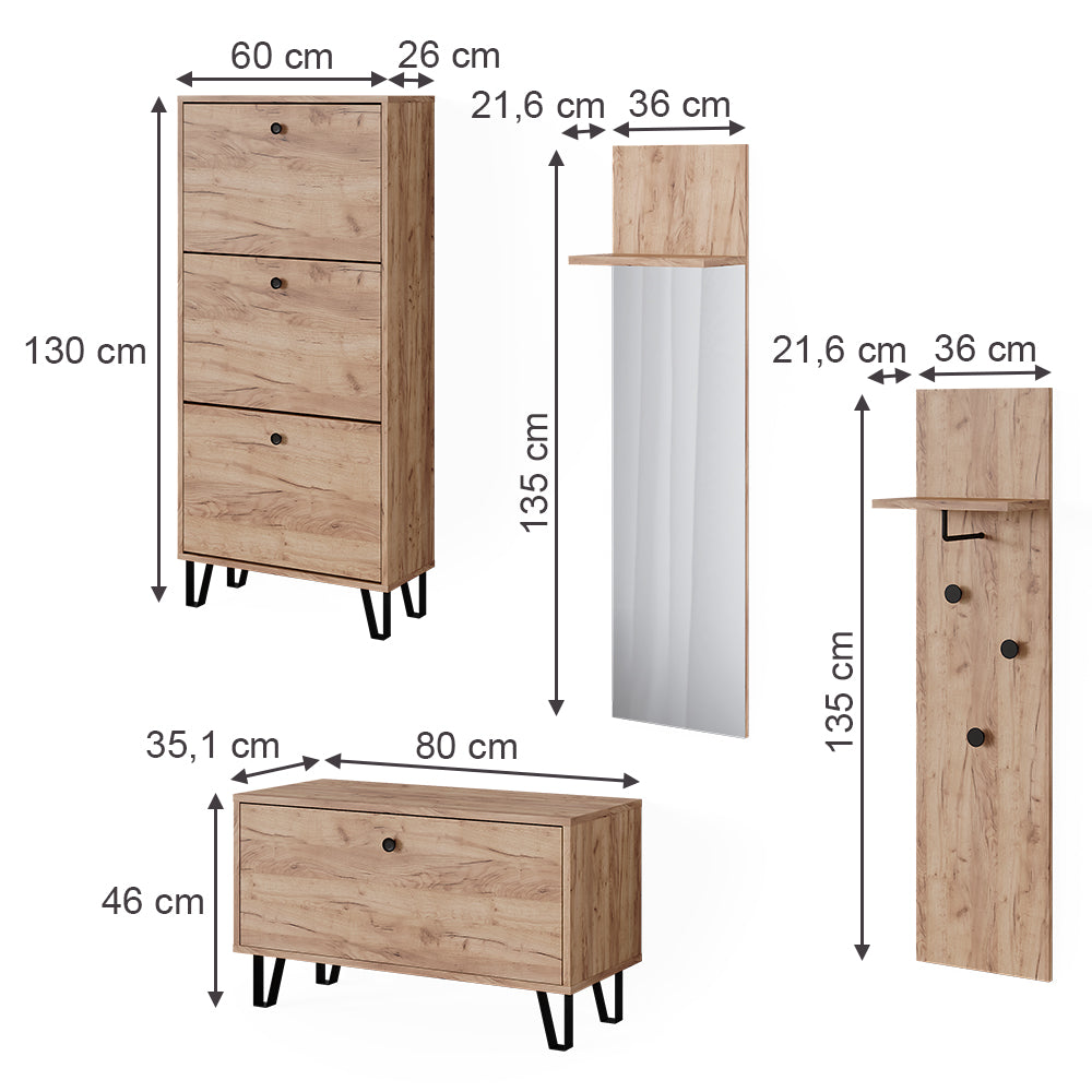 Vicco Set guardaroba  Quercia dorata Set con appendiabiti a parete, panca e scarpiera