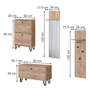 Vicco Set guardaroba  Quercia dorata Set con appendiabiti a parete, panca e scarpiera