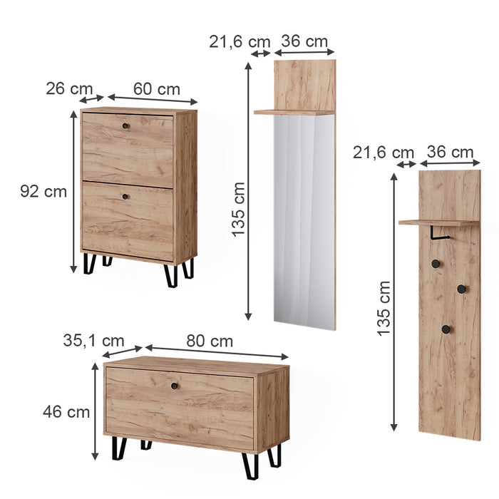 Vicco Set guardaroba  Quercia dorata Set con appendiabiti a parete, panca e scarpiera