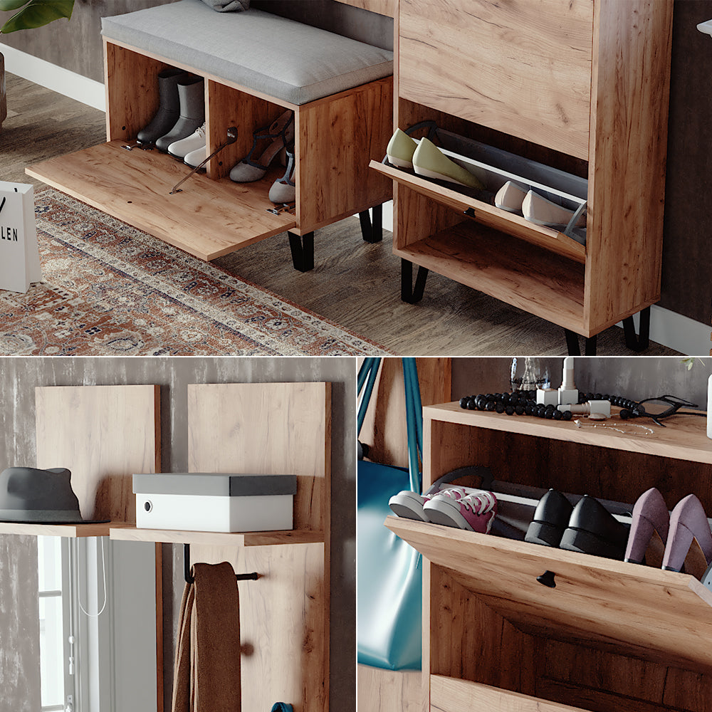 Vicco Set guardaroba  Quercia dorata Set con appendiabiti a parete, panca e scarpiera