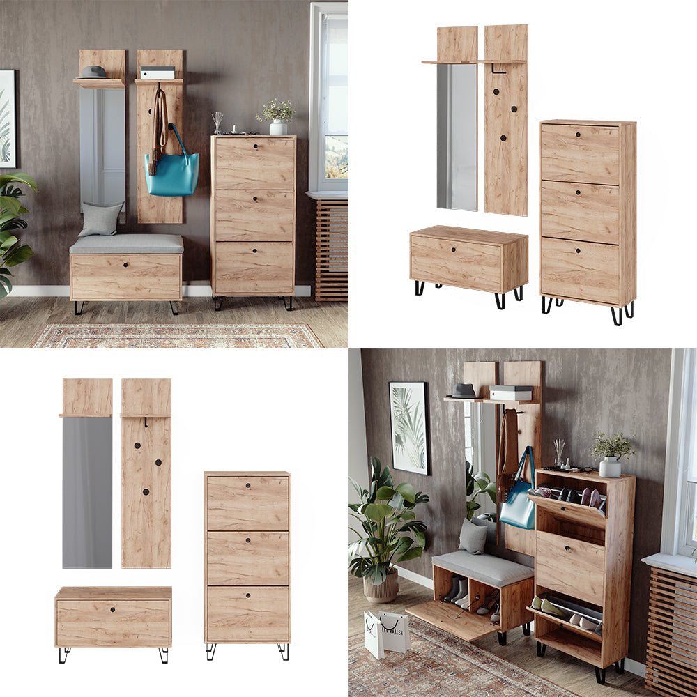 Vicco Set guardaroba  Quercia dorata Set con appendiabiti a parete, panca e scarpiera