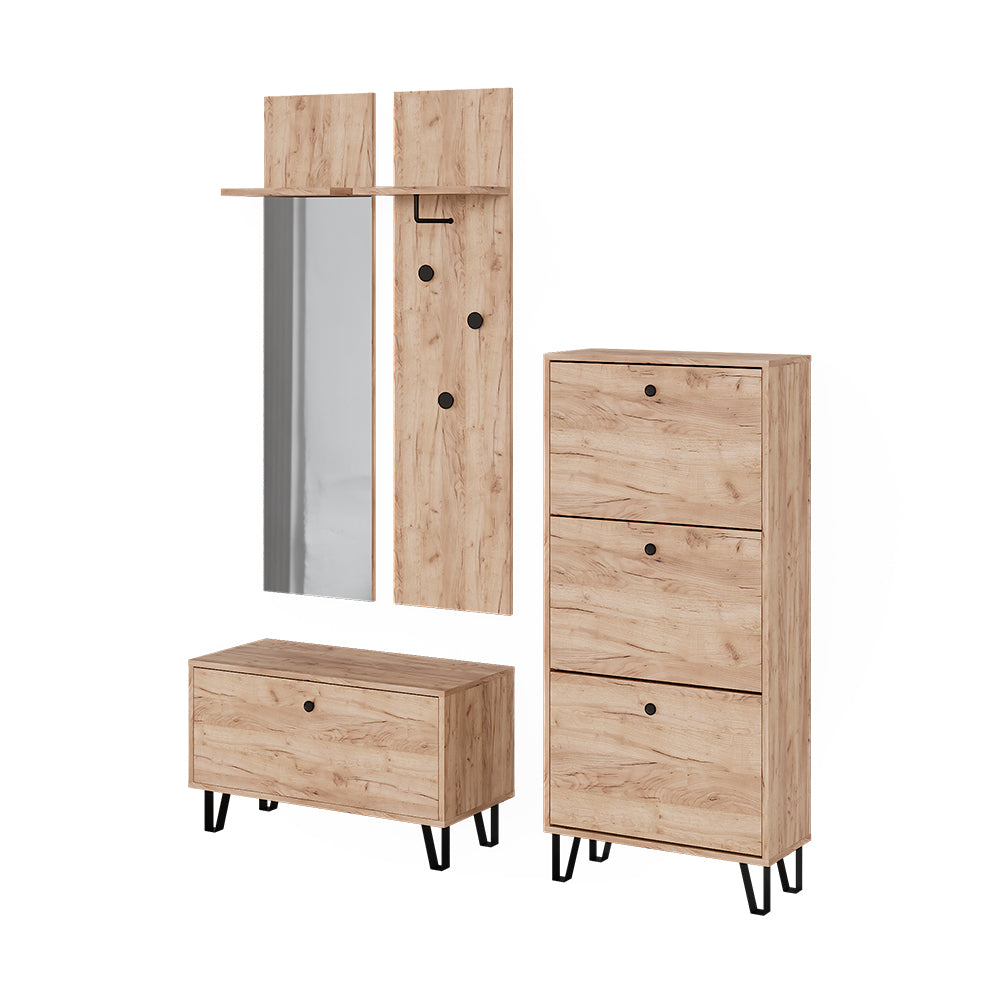Vicco Set guardaroba  Quercia dorata Set con appendiabiti a parete, panca e scarpiera