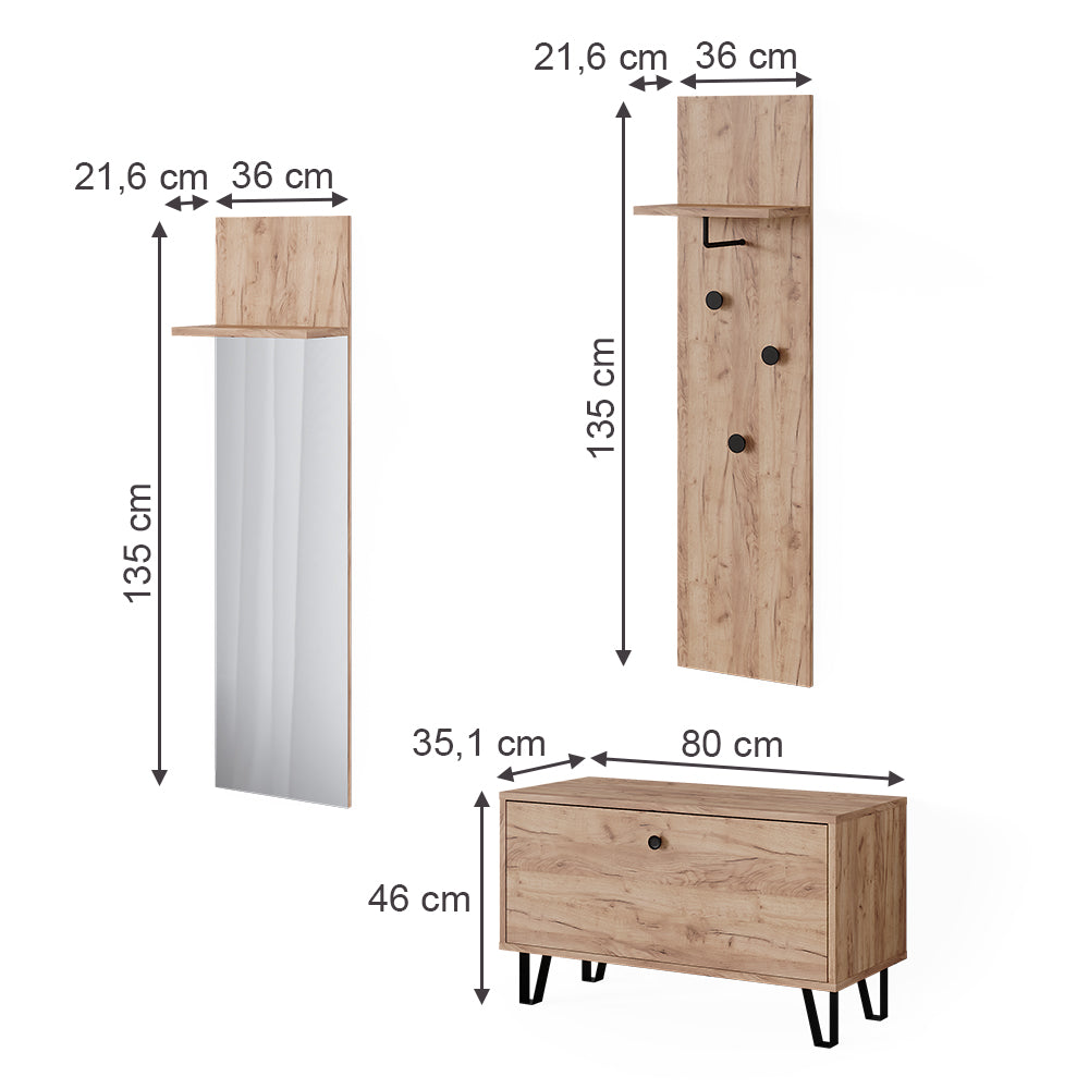 Vicco Set di armadi Quercia dorata Set con appendiabiti a parete e panca per scarpe