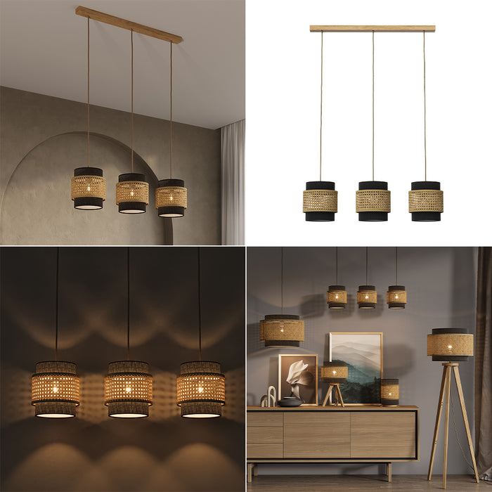 Vicco Lampada a sospensione a 3 pezzi Rattan/nero 70 x 120 cm
