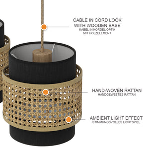 Vicco Lampada a sospensione a 3 pezzi Rattan/nero 70 x 120 cm