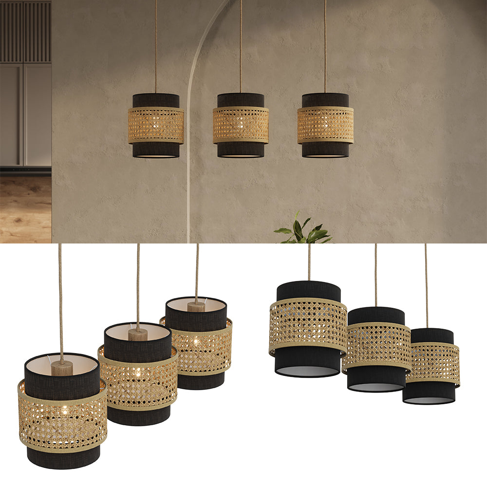 Vicco Lampada a sospensione a 3 pezzi Rattan/nero 70 x 120 cm