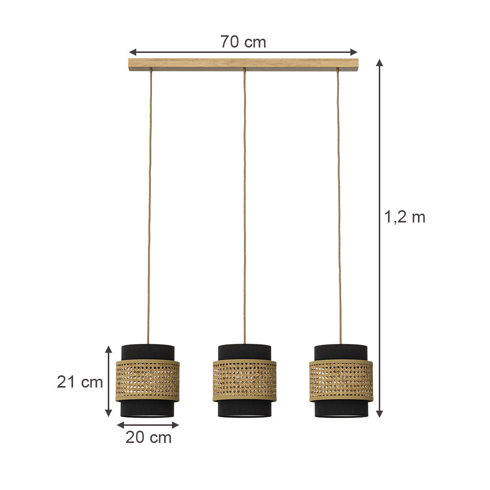 Vicco Lampada a sospensione a 3 pezzi Rattan/nero 70 x 120 cm