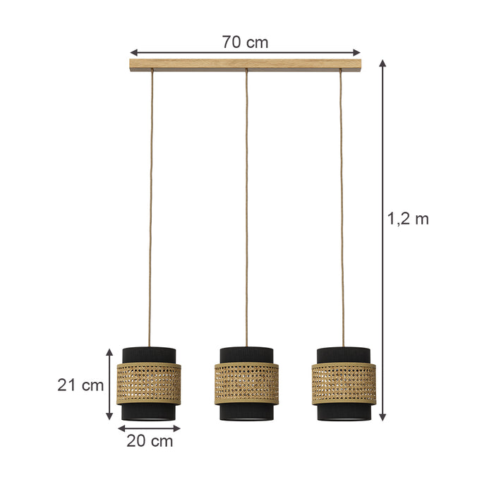 Vicco Lampada a sospensione a 3 pezzi Rattan/nero 70 x 120 cm