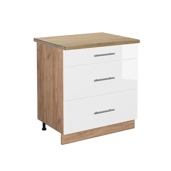 Vicco Mobiletto base per cucina Bianco lucido 80 cm con 3 cassetti, PL Rovere