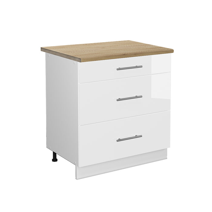 Vicco Mobiletto base per cucina Bianco lucido 80 cm con 3 cassetti, PL Rovere