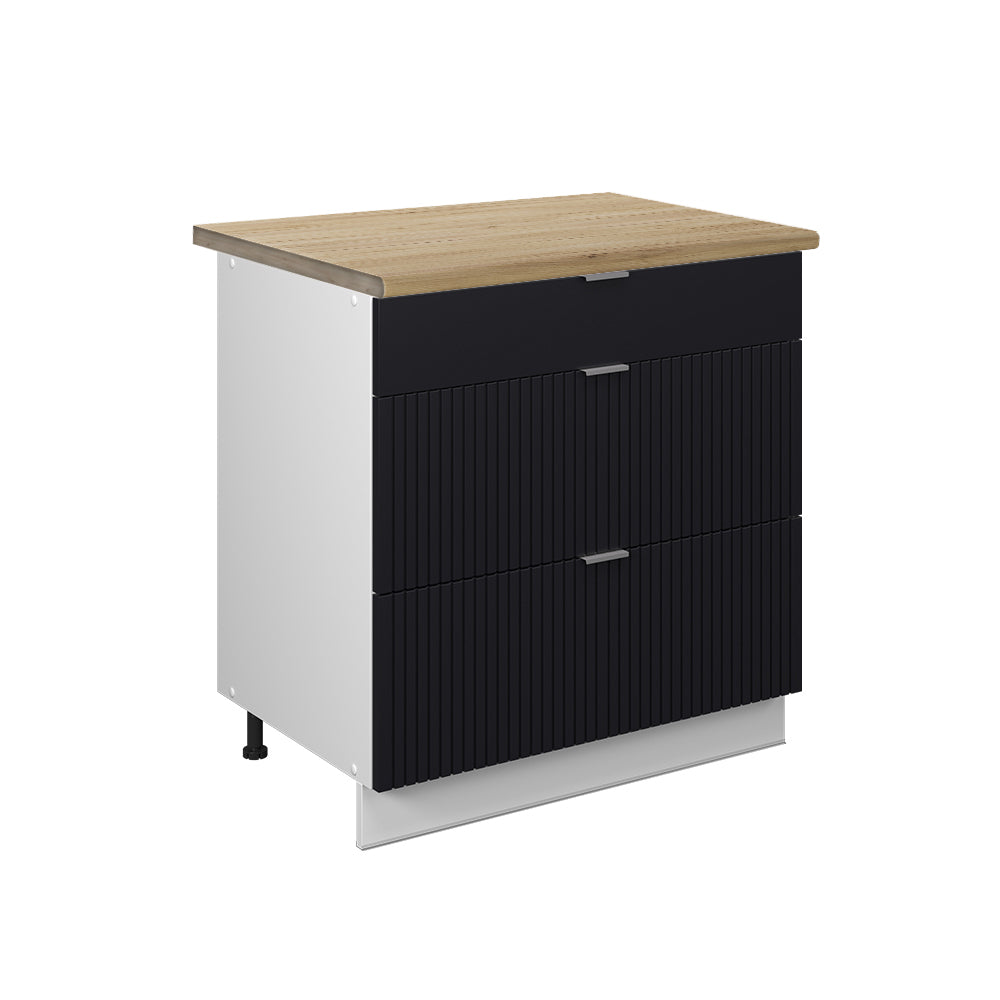 Vicco Mobiletto base per cucina Nero a righe 80 cm con 3 cassetti, PL Rovere