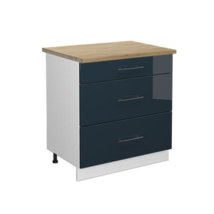 Vicco Mobiletti da cucina  Blu scuro lucido 80 cm con 3 cassetti, PL Rovere