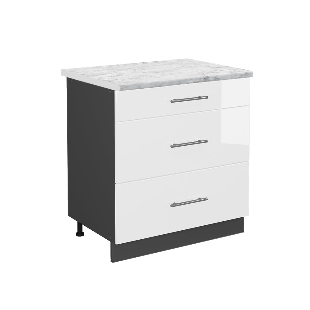 Vicco Mobiletto base per cucina Bianco lucido 80 cm con 3 cassetti, PL Marmo