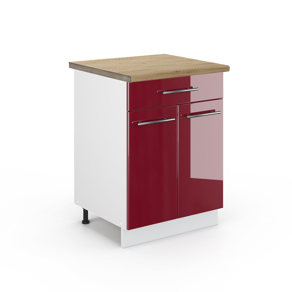 Vicco Mobiletto base per cucina Rosso bordeaux lucido 60 cm con cassetto, PL Rovere
