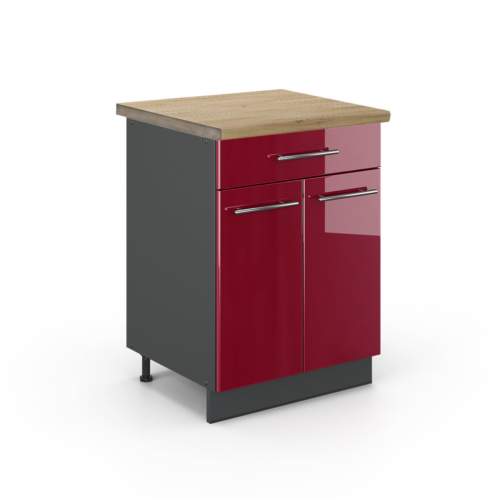 Vicco Mobiletto base per cucina Rosso bordeaux lucido 60 cm con cassetto, PL Rovere