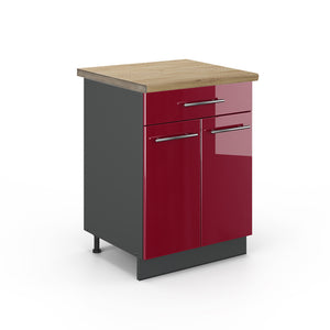 Vicco Mobiletto base per cucina Rosso bordeaux lucido 60 cm con cassetto, PL Rovere