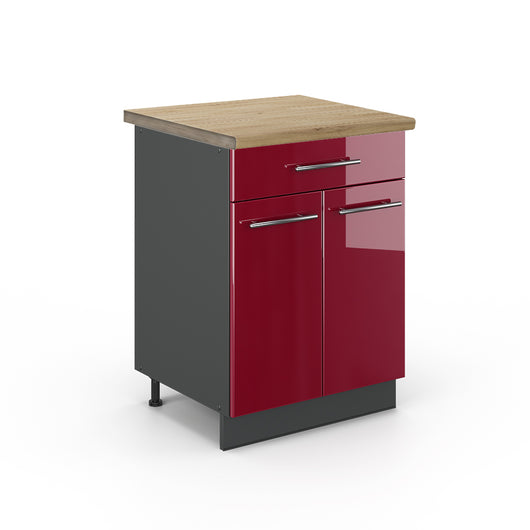 Vicco Mobiletto base per cucina Rosso bordeaux lucido 60 cm con cassetto, PL Rovere