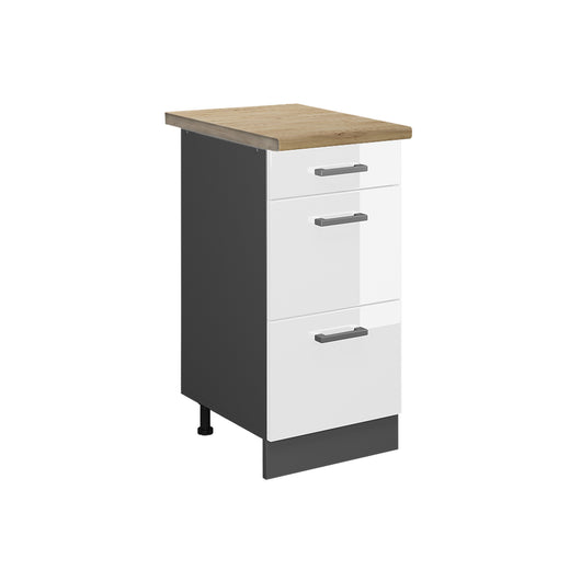 Vicco Mobiletto base per cucina Bianco lucido 40 cm con cassetti, PL Rovere