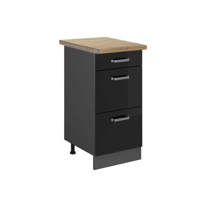 Vicco Mobiletto base per cucina Nero lucido 40 cm con cassetti, PL Rovere