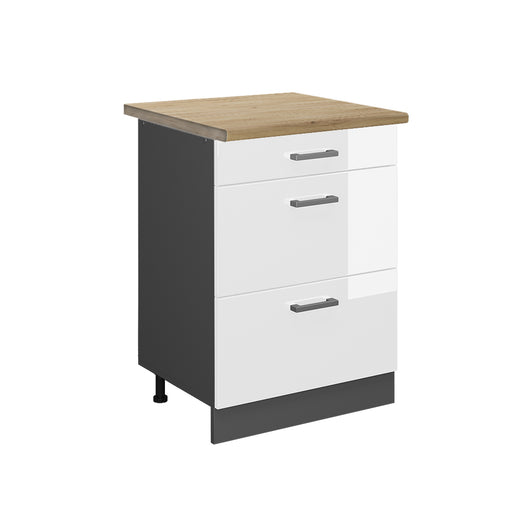 Vicco Mobiletto base per cucina Bianco lucido 60 cm con cassetti, PL Rovere