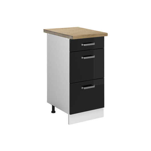 Vicco Mobiletto base per cucina Nero lucido 40 cm con cassetti, PL Rovere