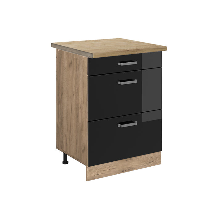 Vicco Mobiletto base per cucina Nero lucido 60 cm con cassetti, PL Rovere
