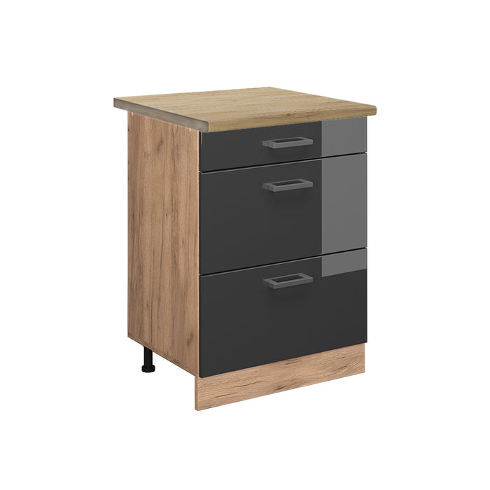 Vicco Mobiletto base per cucina Antracite lucido 60 cm con cassetti, PL Rovere