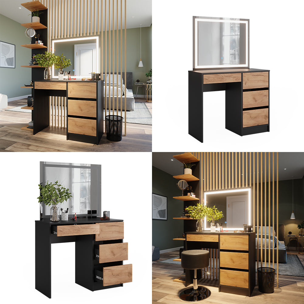 Vicco Tavolo da toilette Antracite/quercia dorata 90 x 75 cm con specchio a LED
