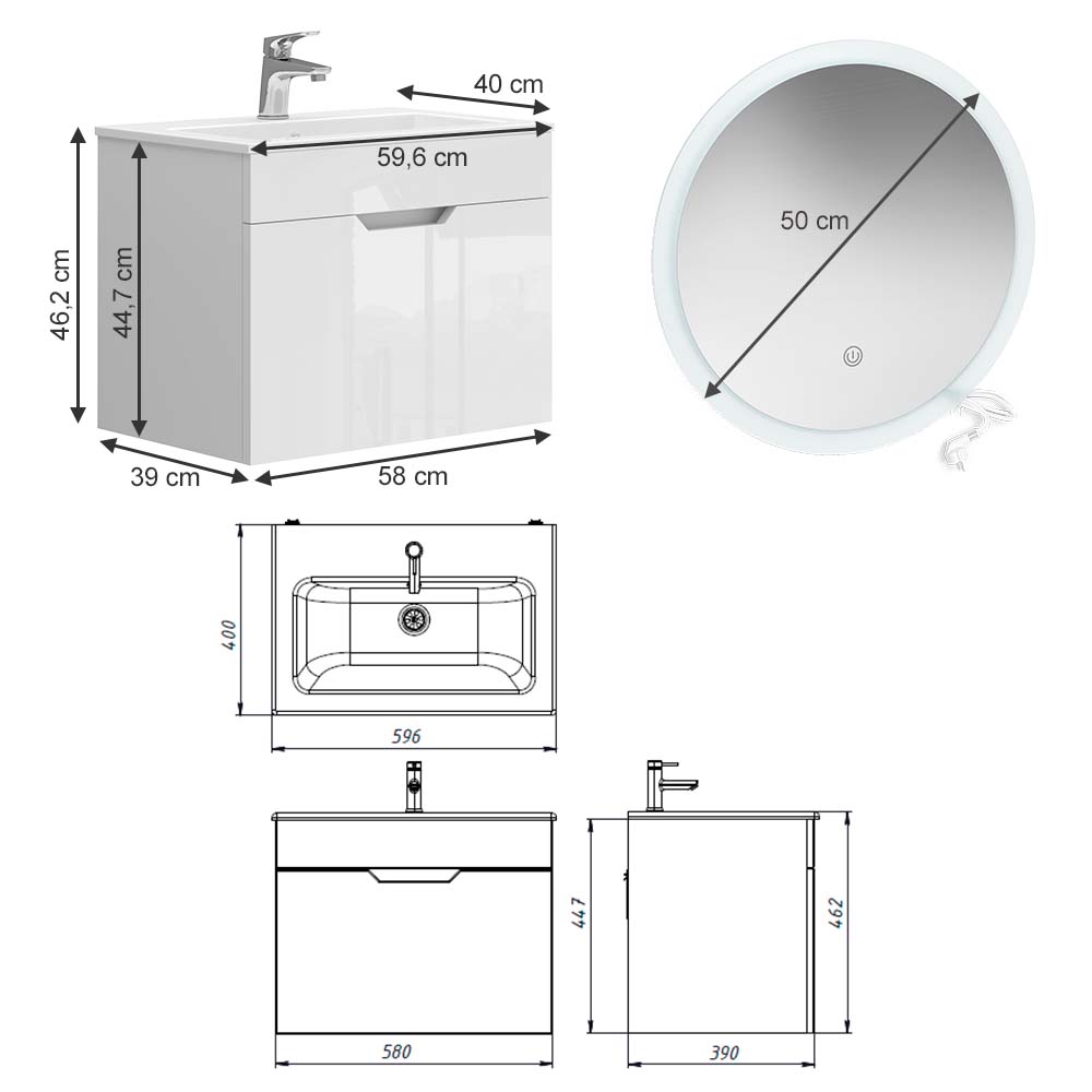 Vicco Set di mobili da bagno Bianco 3 parti, base 60 cm, specchio a led