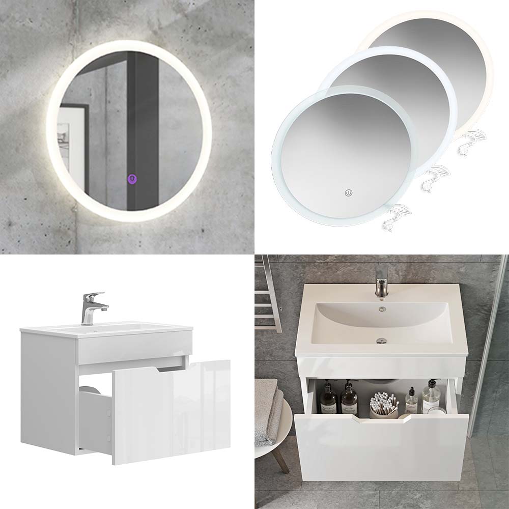 Vicco Set di mobili da bagno Bianco 3 parti, base 60 cm, specchio a led