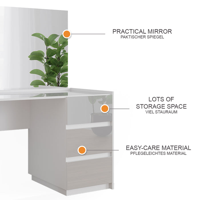 Vicco Tavolo da toilette Bianco lucido 120 cm con 3 cassetti e specchio