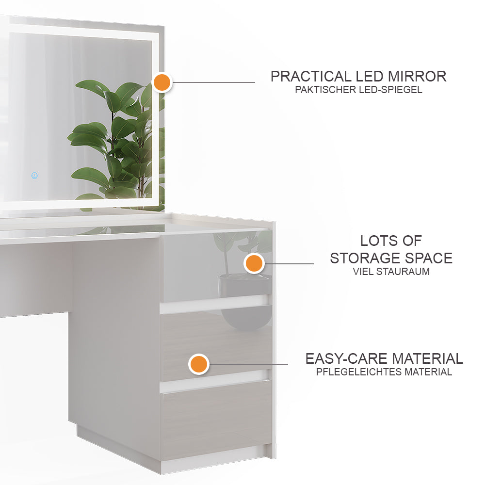 Vicco Tavolo da toilette Bianco lucido 120 cm con specchio a LED