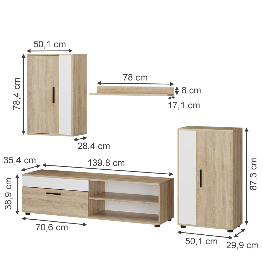 Vicco Parete attrezzata Sonoma/Bianco Set, 4 parti