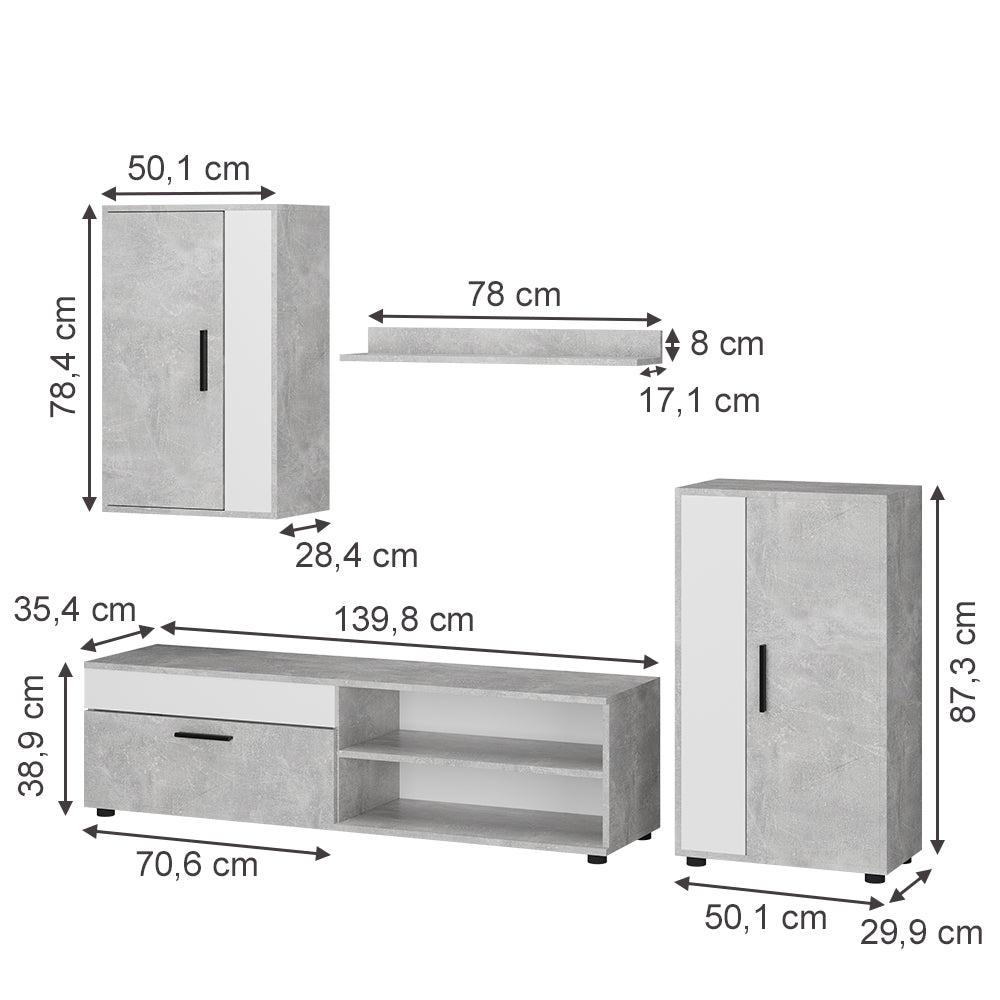 Vicco Parete attrezzata Cemento/Bianco set, 4 parti