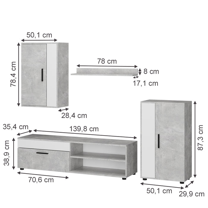 Vicco Parete attrezzata Cemento/Bianco set, 4 parti