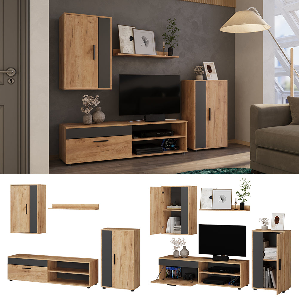 Vicco Parete attrezzata Quercia dorata/antracite set, 4 parti