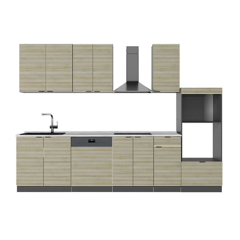 Vicco Cucina componibile Pannello in rovere/antracite 300 cm con armadio alto, senza piano di lavoro