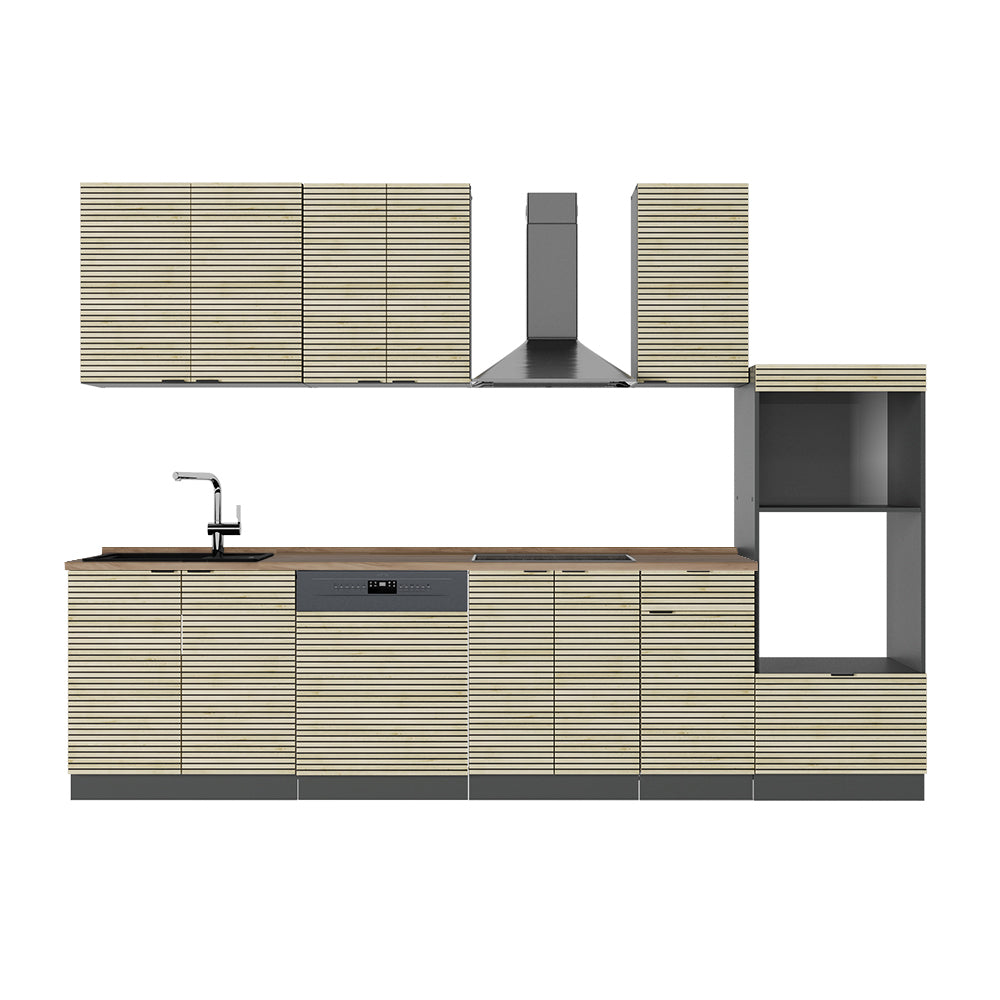 Vicco Cucina componibile Pannello in rovere/antracite 300 cm con armadio alto, PL Rovere