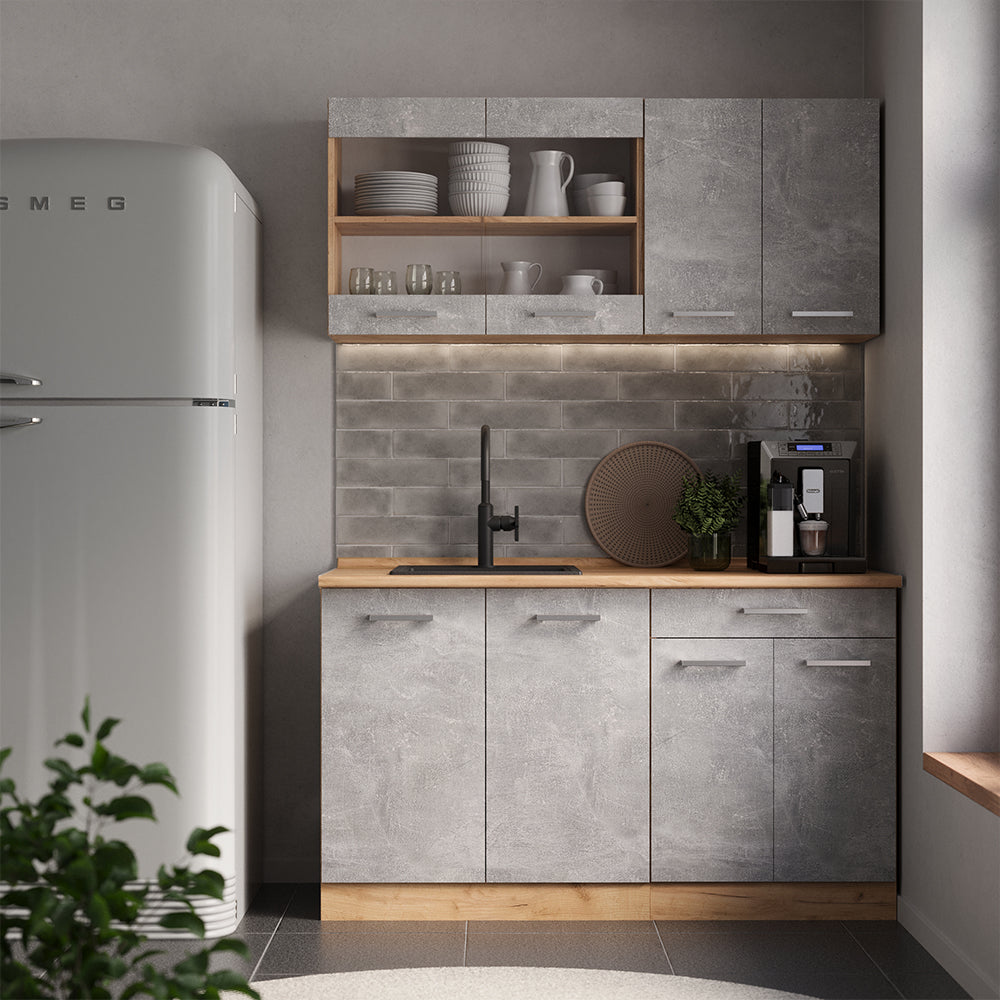 Vicco Mobile cucina sottotetto Calcestruzzo/quercia dorata 140 cm Set di 2