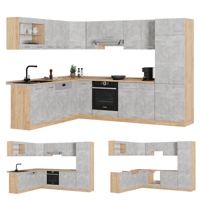 Vicco Cucina angolare completa Calcestruzzo/quercia dorata 227 x 287 cm senza piano di lavoro