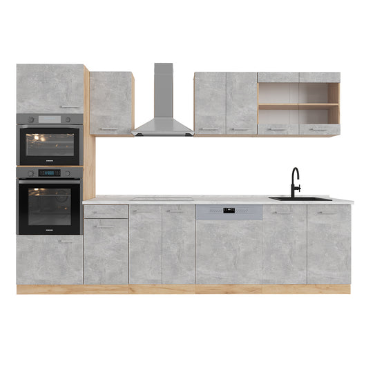 Vicco Cucina componibile Calcestruzzo/quercia dorata 300 cm con armadio alto, PL Marmo