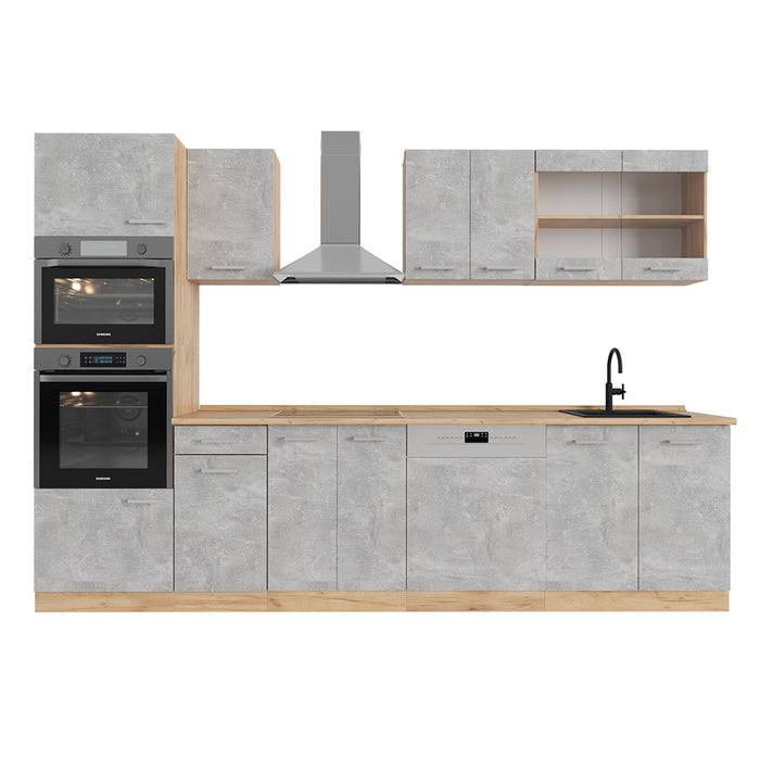 Vicco Cucina componibile Calcestruzzo/quercia dorata 300 cm con armadio alto, senza piano di lavoro