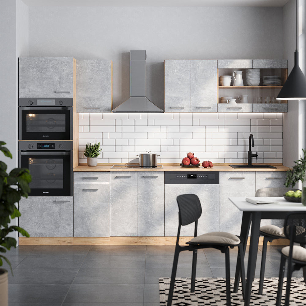 Vicco Cucina componibile Calcestruzzo/quercia dorata 300 cm con armadio alto, senza piano di lavoro